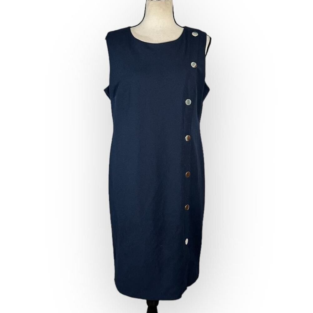 Tommy Hilfiger Sheath Dress Women's 12 Navy Blue Sleeveless Button Accent - Picture 2 of 7